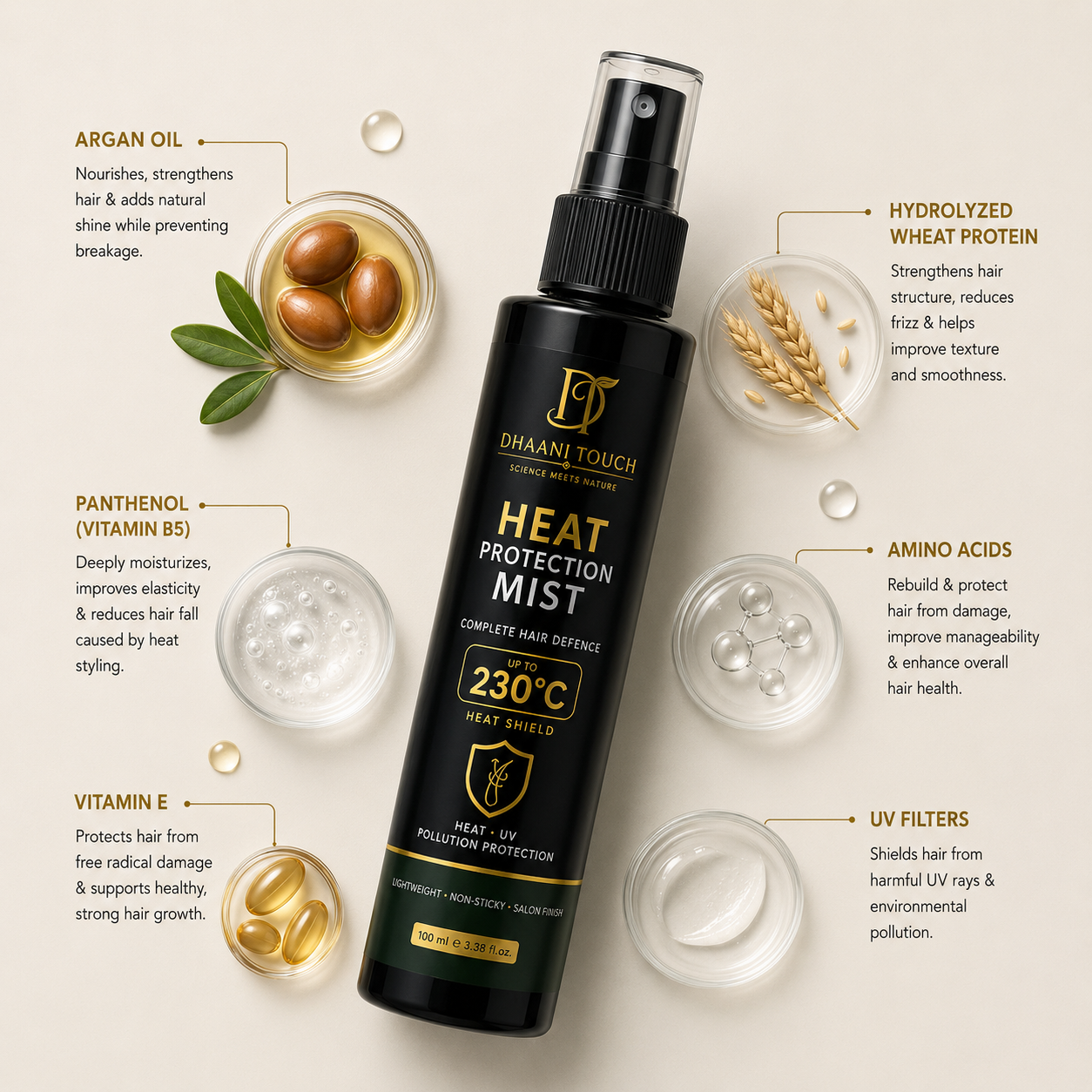 Dhaani Touch Hair Heat Protection Mist – Prevents Split Ends and Breakage from Heat Styling