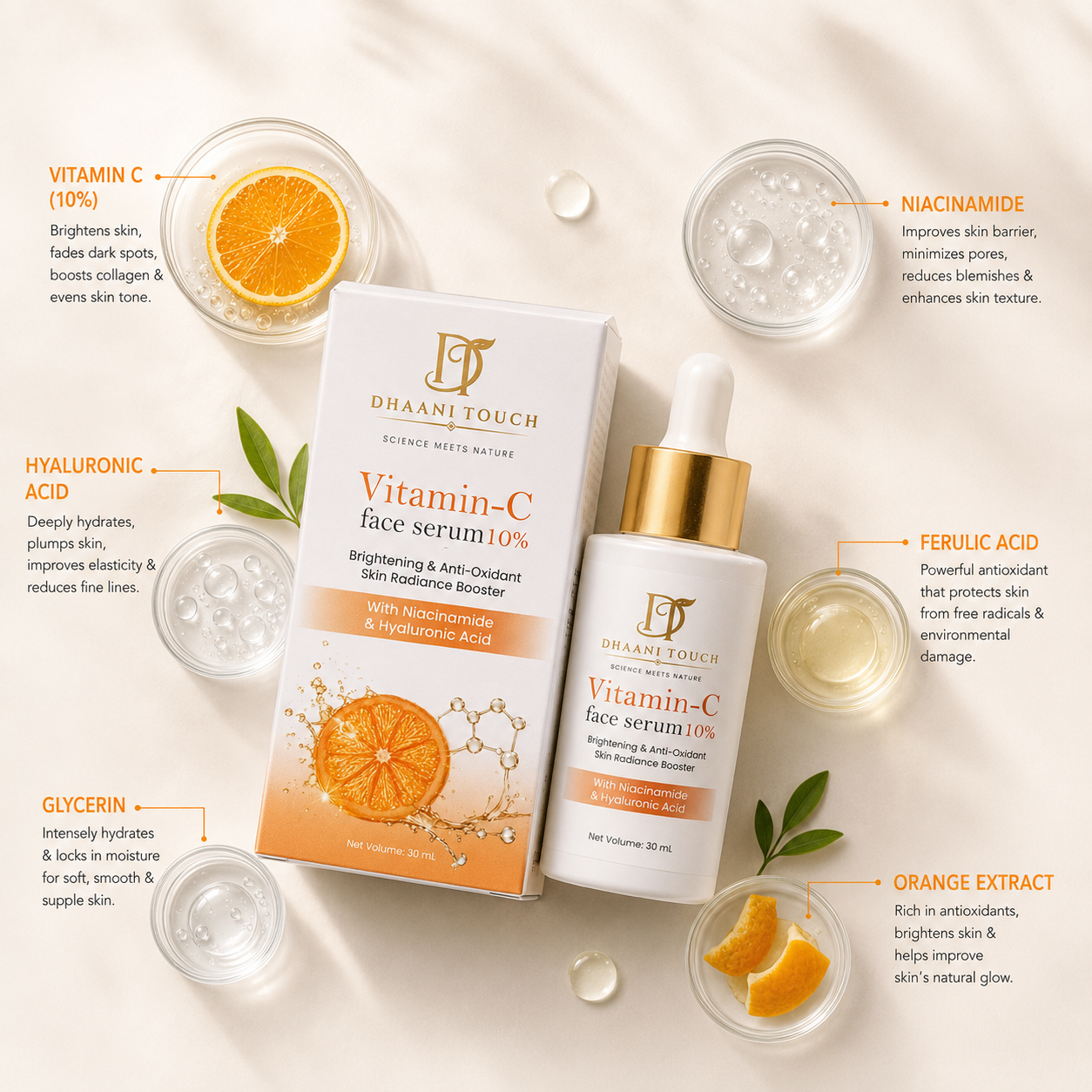 Dhaani Touch Vitamin C Serum Bottle – Anti-Dark Spot Treatment for Face