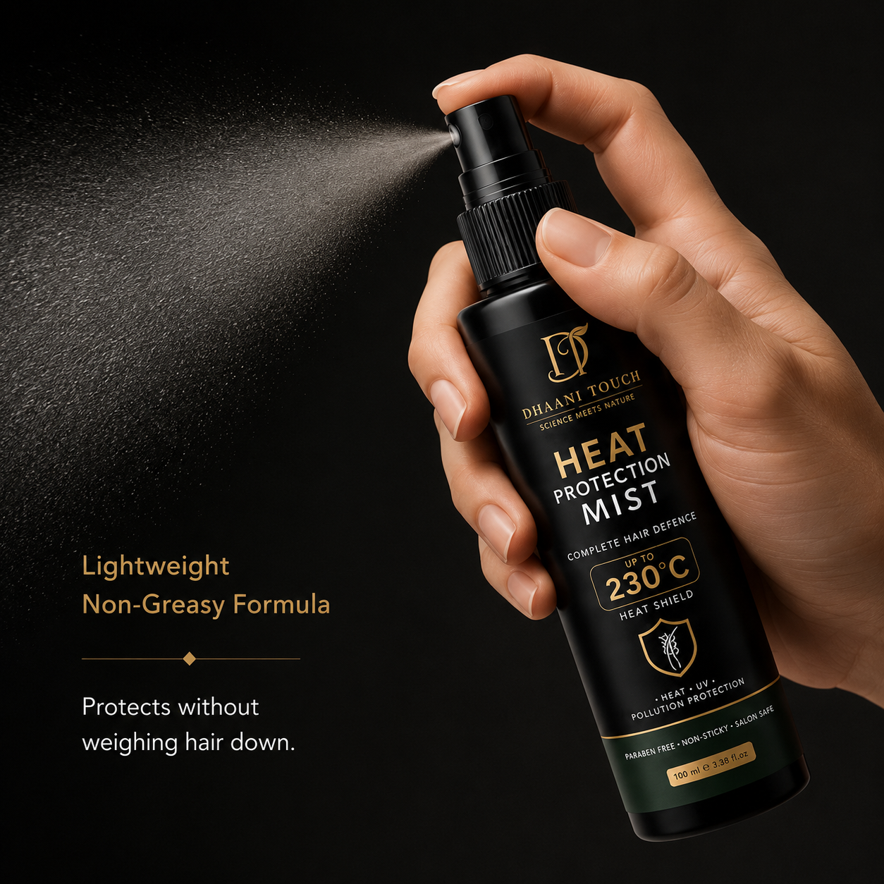 Dhaani Touch Heat Protectant Spray – Front View of Bottle